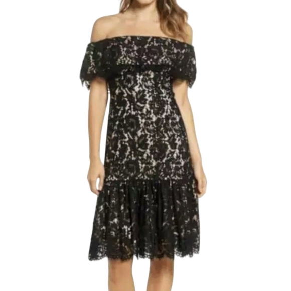 ELIZA J Off Shoulder Lace Midi Dress 8 Black Lace Overlay Nude Ruffle Hem - Picture 1 of 10
